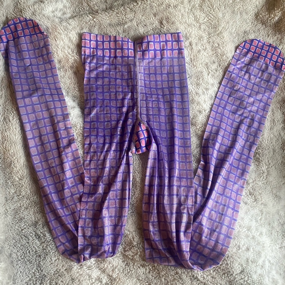 Auth Chanel pink purple cc logo window pane tights nylons stockings